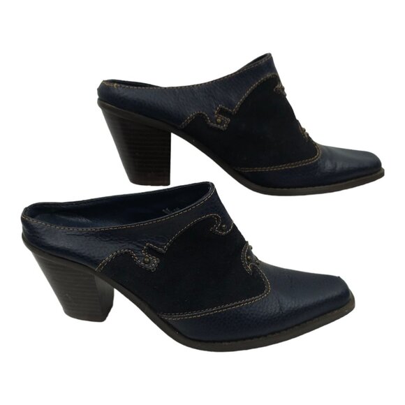 Western Blue Leather Suede Mules Boot Style Clogs Sz 6 Brass Studs Rodeo Slip On - Picture 2 of 12